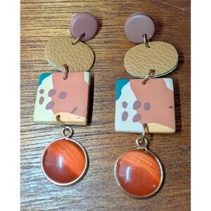 Boho Polymer Clay Drop Earrings 3" Earth Tones Dangle Pierced Peach Stone Gold
